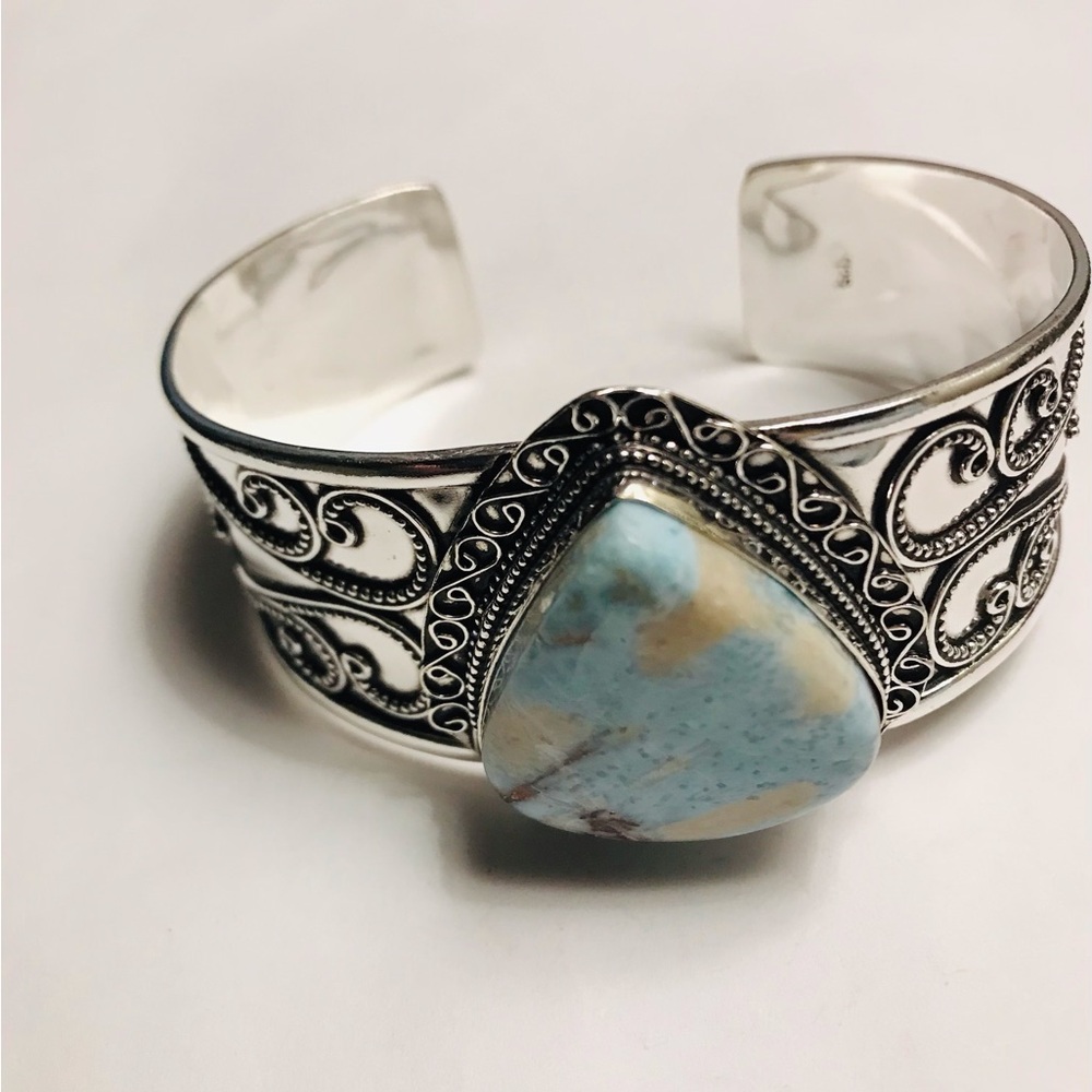 Larimar Stamped 925 Sterling Silver Cuff Bracelet - Picture 2 of 5